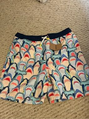 Boden Boys Shark Print Swim Shorts - Multicolor size 11/12